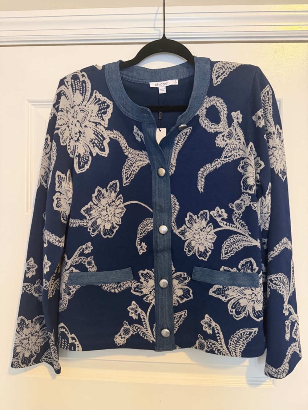Chico's Navy Blue Floral Denim-Trim Button Cardigan NEW